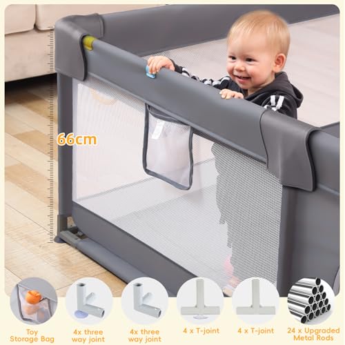 JIKPO Laufstall Baby 180x150cm, Stabiler Sicherheits Extragroßer Laufgitter für Babys und Kleinkinder, Kleines Laufstall 300D Oxford Geweb mit 2 Reißverschlusstür und Atmungsaktivem Netz, Dunkelgrau