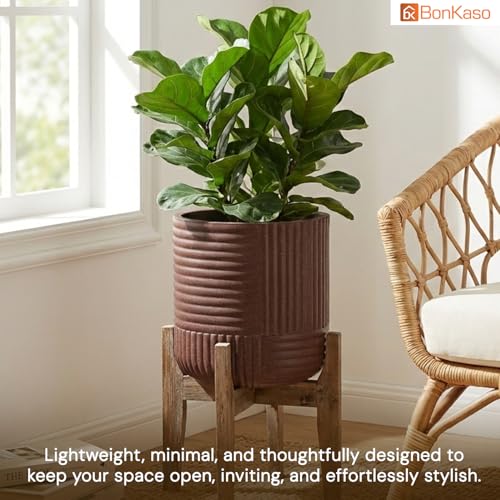 Image of Bonkaso 12 Inch Ribbed Planter Pot for Indoor & Outdoor Use | Round Heavy Duty Polymer Flower Pot | Lightweight Weather Resistant Modern Gamla for Living Room Balcony & Terrace (Brown)
