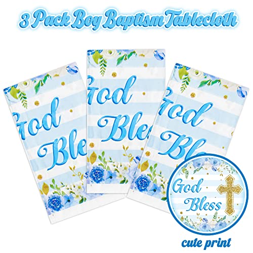 Image of 3 Packs Blue Baby boy Baptism Party Tablecloths Decorations Flower Theme Disposable Plastic Waterproof Rectangle God Bless Table Cover for boy Baby First Communion Party Favor Supplies