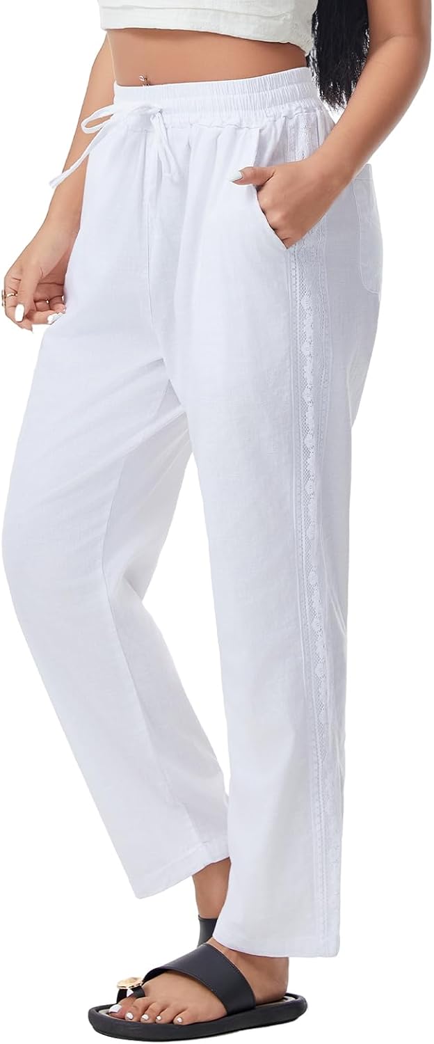 Women Linen Pants Drawstring Elastic Lightweight Capri Pants with Lace Side Summer Beach Casual Pants for Women - Image 2