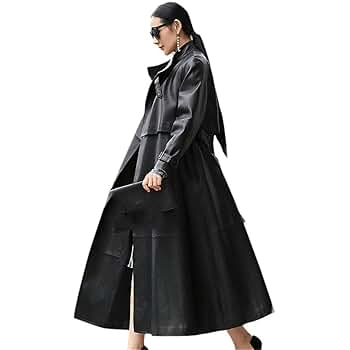 EDSNHG Women Black Long Leather Trench, Belt Raglan Sleeve