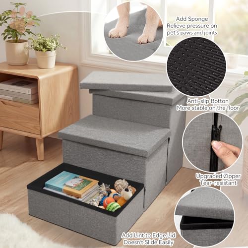 Image of Zerbuger Dog Stairs 18 inch H, 3-Step Wider Dog Steps for High Beds Couch, Folding Storage Pet Stairs Gift for Small /Medium /Large Old Dogs Cats, Ramp for Climbing Car Up to 200 lbs, (Gray, with Condo)