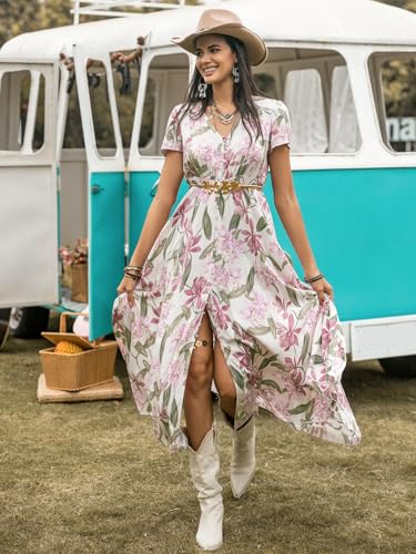 Image of SGF11 Floral Summer Dresses for Women 2026 Design Boho V Neck Short Sleeve Slit Maxi Dress Wear Casual