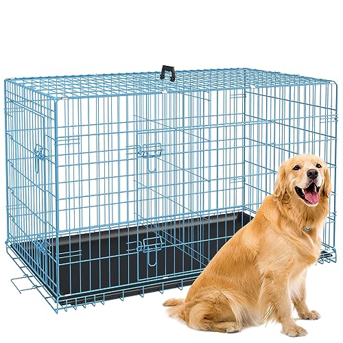 Image of BestPet | Dog Crate | 42 inch | Blue | Foldable Metal Kennel with Double Doors