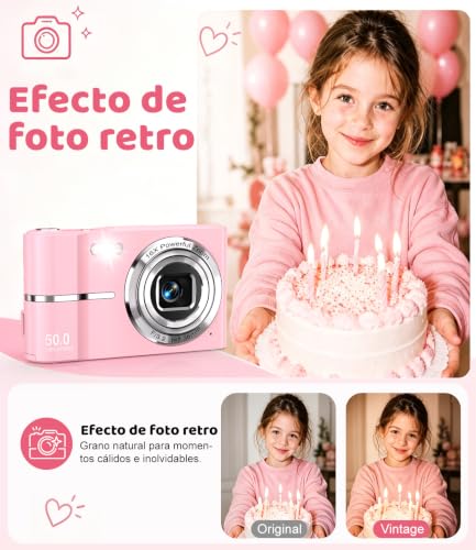 Miniatura 2 de 50MP Camara de Fotos Digital Compacta, 1080P FHD Vlogging Cámara Digital con Pantalla 2,4”, Zoom Digital 16X, Antivibración, Minipuerta Adecuado para Niños Estudiantes, Tarjeta de 16 GB(Rosa)