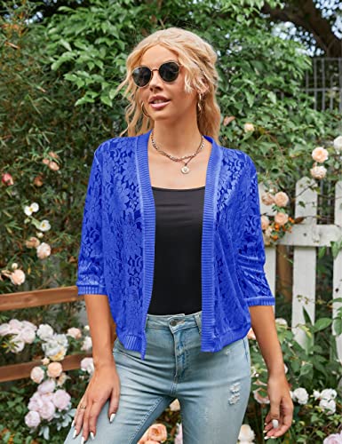 Image of Xunger Women's 3 /4 Sleeve Lace Cardigan Casual Open Front Floral Lace Shrug Summer Cover Up