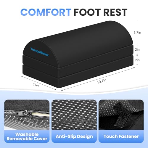 Image of TranquilRelax Foot Rest for Under Desk at Work, Gaming Accessories Foot Stool with 3 Adjustable Heights & Washable Cover, Comfortable Office Desk Accessories, Footrest for Office, Home and Car (Black)