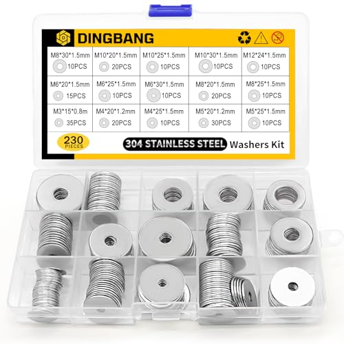 Fender Washers Assortment Kit,15 Sizes(M3-M12),230Pcs Stainless Steel Flat Washers for Screws & Bolts, Assorted Washers Kit for Home Improvement & DIY Projects,Industrial Usage