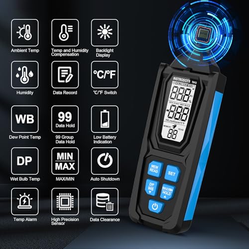 Image of Temperature Humidity Meter, High Precision Digital Psychrometer Hygrometer with Dew Point, Wet Bulb Thermometer for Indoor Outdoor, 99 Data Storage, Temp Alarm, Backlight, MAX /MIN, Auto Shutdown