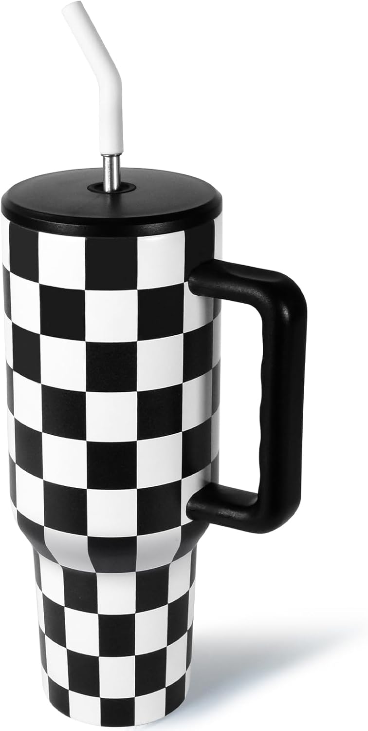 CHLJAR 40 oz Tumbler with Handle, Checkered Insulated Tumbler Stainless Steel Vacuum Water Bottle Cup Travel Coffee Mug Gifts for Men Women Birthday Christmas, Black and White