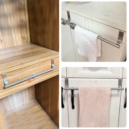 Image of Mziart Over The Door Towel Rack for Bathroom Kitchen, 14 Inch Brushed Stainless Steel Over Cabinet Towel Bar with Hooks, Cupboard Towel Holder, Space-Saving Towel Hanger, Silver