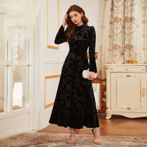 Image of AGYMNX Women's Fall Winter Dress Long Sleeve Velvet Long Maxi Dress with Belt Party Dress Flowy A Line Wedding Guest Dress