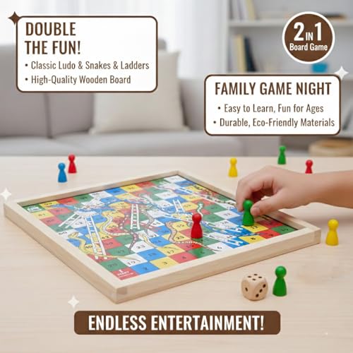 Image of 2 in 1 Wooden Magnetic Board Game | Ludo + Snakes & Ladders Combo | 30x30 cm Travel Friendly Family Game | Classic Indoor Game for Kids & Adults (2-4 Players)