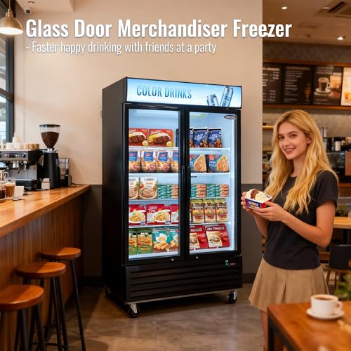 Image of mikibama Glass Door Merchandiser Freezer, 44.7 Cu.ft Swing Door Commercial Reach-In Display Refrigerator with LED Top Panel Upright Freeze Storage, Double Cabinet, Black