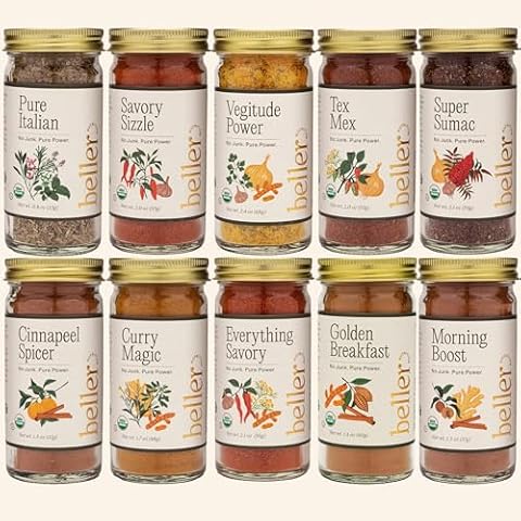Beller Nutrition Organic Spice Blend Collection | 10-Pack | Morning Boost, Super Sumac, Tex Mex, Vegitude, Cinnapeel, Everything Savory & More | No Salt Added, No Artificial Ingredients, USDA Organic Seasonings for Cooking & Baking Cover