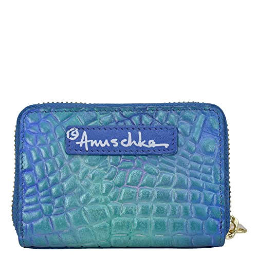 Image of Anuschka Women's Hand-Painted Genuine Leather Accordion Style Credit and Business Card Holder - Croco Embossed Peacock