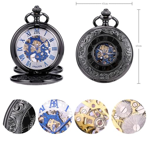 Image of ManChDa Mechanical Roman Numerals Dial Skeleton Pocket Watches with Luxury Wooden Box and Chains for Mens Women