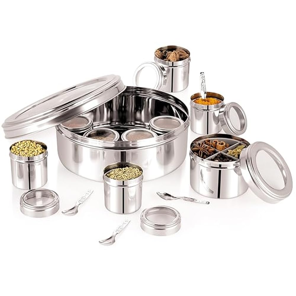 AIRA Stainless Steel 12 in 1 Airtight Masala Box/Organiser/Masala Dani for Kitchen with Middle Container Partition | Individual See through Lid & 4 Spoon Silver (2.5 Ltr | X-Large | 22.5cm)