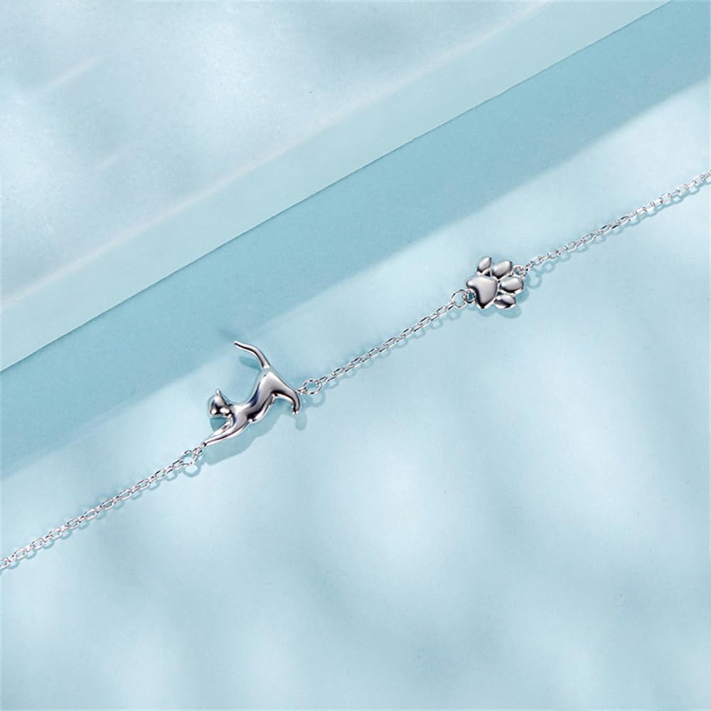 NewZenro Cute Cat Paw 925 Sterling Silver Bracelets for Women Minimalist Lovely Kitten Pet Animal Charm Link Bracelets Adjustable Chain Hypoallergenic Fashion Jewelry Gifts - Image 3