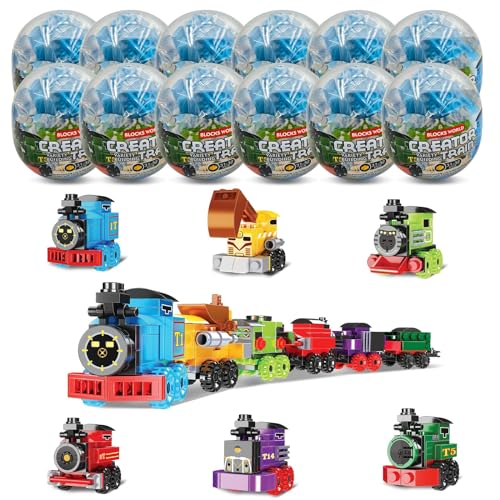 LEBOCADO Mini Building Block Sets, 12PCS Vehicle Train Toys Building Blocks, 6 in 1 STEM Toys Eggs Building Sets, Party Favors for Kids Goodie Bags Prizes Birthday (Vehicle Train)