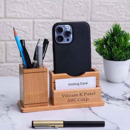 Image of Deskart Customized Multipurpose Pen Holder Stand | Premium Wooden Desk Organizer with Business Visiting Card and Mobile Holder