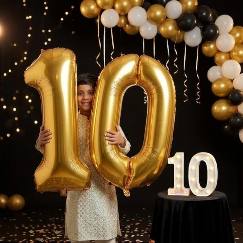 Image of Balloonistics Gold 40-Inch Foil Number 10 Balloon with Matching LED Marquee Light - Combo Set for 10th Birthday, Anniversary, Party Decoration, Photo Booth Backdrop, Cake Table Decor