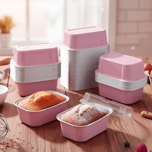 Vesici 100 Sets Mini Loaf Pans with Lids, 5.7 oz Disposable Aluminum Foil Baking Cups, Rectangle Cake Pans for Baking Storage Birthday Party(Pink) by Vesici - Used condition - Image 6