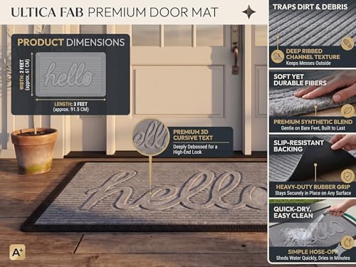 Image of Heavy Duty Front Door Mat 2x3 Feet Non Slip Entrance Rug for Indoor & Outdoor Use Dirt Trapper Welcome Mat for Entryway, Patio, Porch & Hallway Washable Low Profile Floor Mat, Grey Hello