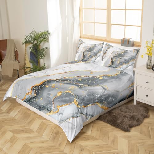 feelingyou Grey Marble Duvet Cover Set Double White Grey Gold Glitter Comforter Cover Abstract Stone Texture Bedding Set 3pcs for Kids Boys Teens Room Decor Marbling Bedspread with 2 Pillowcases - Image 2