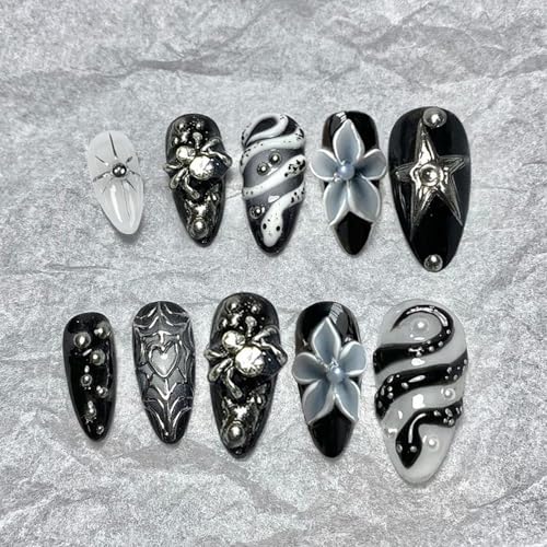 30pcs Snake Press On Nails Medium Length Almond Flower Fake Nails with 3D Spider Web Rhinestone Design Designer Press On Star Pattern Gothic Punk Dark Black Silver Y2k Style Acrylic Nail Set for Women