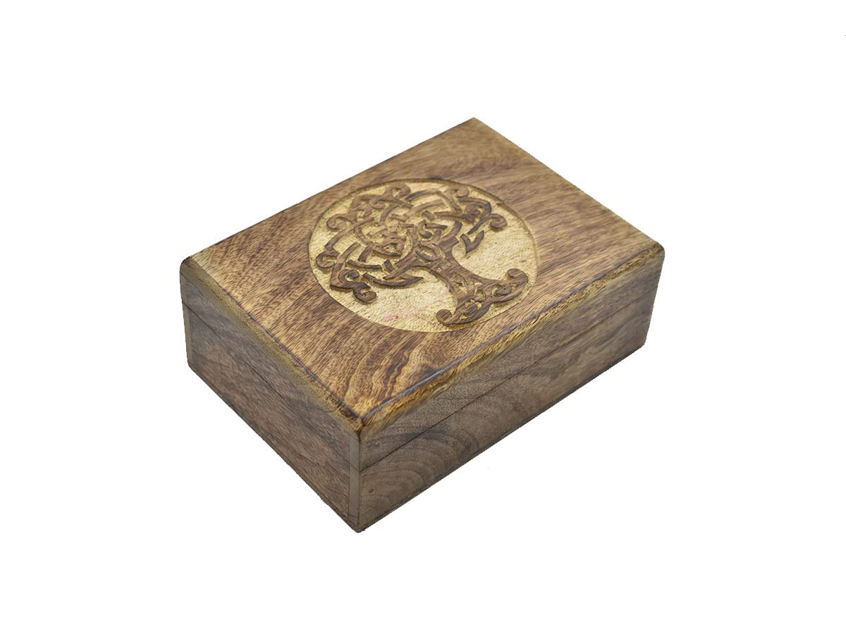 STORE INDYA Wooden Hand Carved Decorative Box with Tree Of Life Carving On Top | Treasure Box Jewelry Organizer Keepsake Box Treasure Chest Trinket Holder Watch Box Gifts for her Girl Women