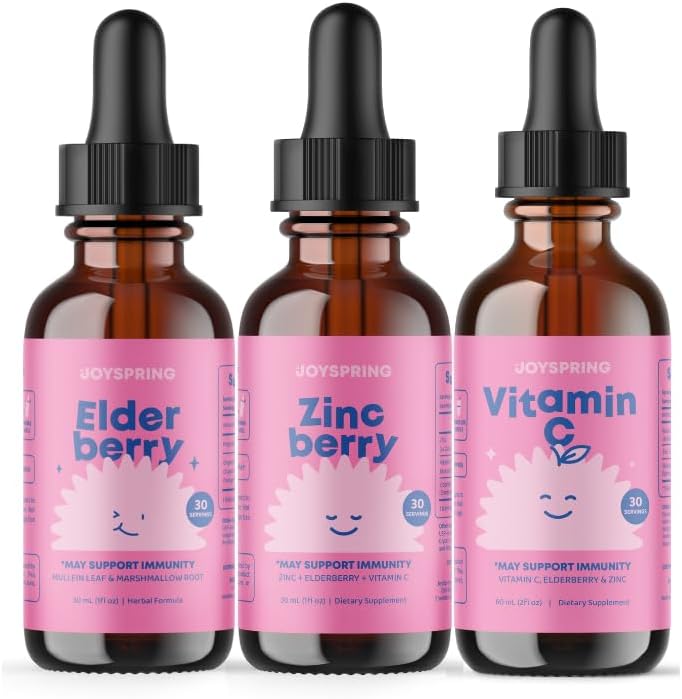 JoySpring Gotas orgánicas de saúco, vitaminas de zinc líquido para niños y suplemento de vitamina C - Gotas de vitamina C de zinc de saúco