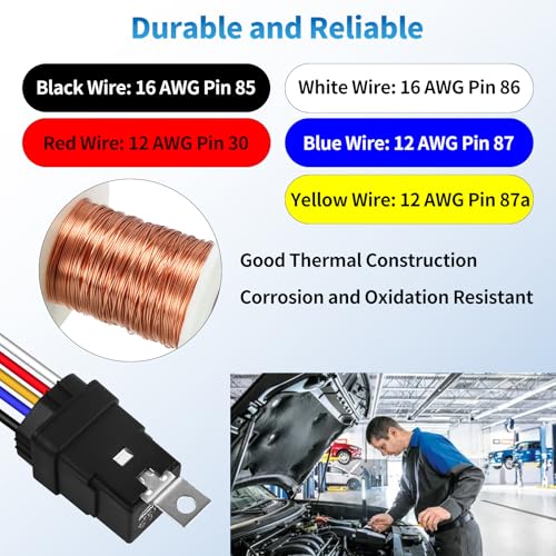 Kit de 5 Relevadores Impermeables de 5 Pines 40/30 AMP 12V con Arnés y Cables de Cobre Estañados 12&16 AWG, Relevador Automotriz SPDT para Bocinas, Arranques, Ventiladores de Radiador, Paquete de 5 miniatura 6