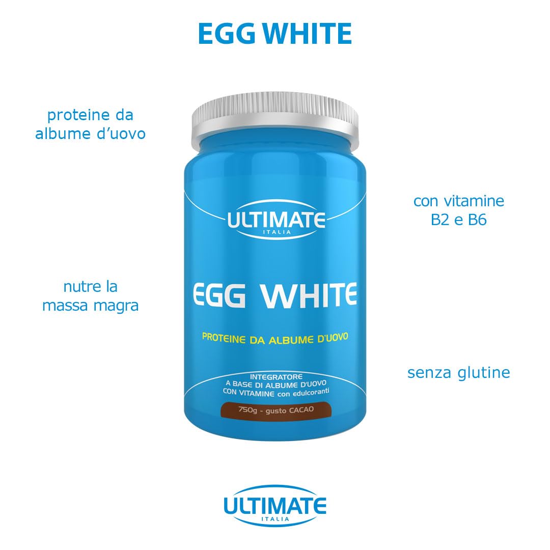 Ultimate Italia Egg White – Proteine di Albume dell'Uovo - Integratore Alimentare di Proteine a Base di Albume d'Uovo – con Vitamine B2 e B6 – Nutre la Massa Magra - Gusto Cacao, 750 Grammi