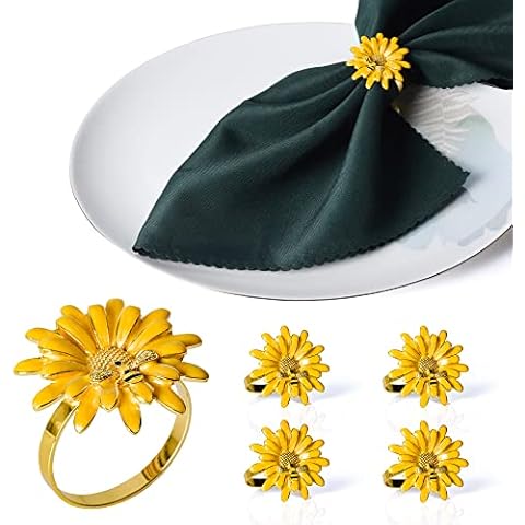 Small snail 6 Pcs Metal Daisy Flower Napkin Ring Set, Bee Floral Rhinestone Napkin Holder Adornment Tablecloth Accessories for Casual or Formal Table Decoration, Yellow Cover