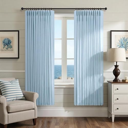 Sky Blue 63 Inch Linen Curtains Pinch Pleated for Living Room Bedroom Dining Boho Coastal Light Filtering Pinch Pleat Drapes Hooks Rings Back Tab Semi Sheer Light Blue Window Curtains 2 Panels 40x63