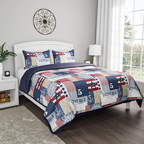 Nautical Americana 3-Piece Quilt Set by Bedford Home - All-Season Soft Microfiber Bedspread with Shams (Full/Queen)