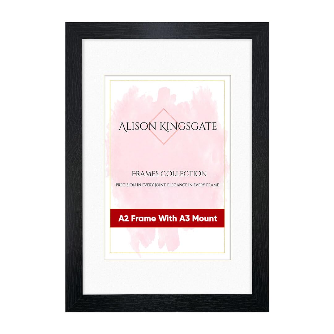 Alison Kingsgate A2 Black Picture Frame with Mount for A3 Photo - Engineered Wood Photo Frame with Precision Cut Cardboard Mount - Ideal for Photos, Posters & Artwork - Wall or Tabletop Display