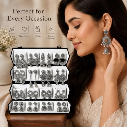 Image of Oxidized Designer Stud Earrings Set of 16 with Folding Jewelry Box | Traditional & Modern Earring Set for Women & Girls