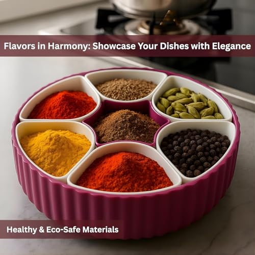 Image of KEATON Rotating Masala Dabba, 360 Easy Rotation, 7-Compartment Spice Organizer, Transparent Lids (Purple)
