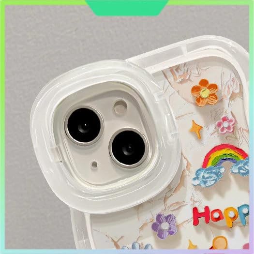 Image of COVERLY 3D Cute New Baby Elephant Cartoon Rainbow Star Floral Decor Wave Curly Edge Invisible Double Phone Stand Holder Happy Dance Cover Girly Charm Case for Apple iPhone 15 Pro Max (White Color)