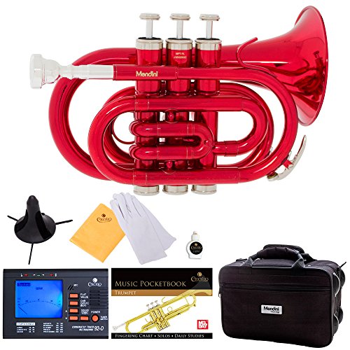 Mendini MPT-RL Red Lacquer Brass Bb Pocket Trumpet with Tuner, Stand, Pocketbook, Mouthpiece and...