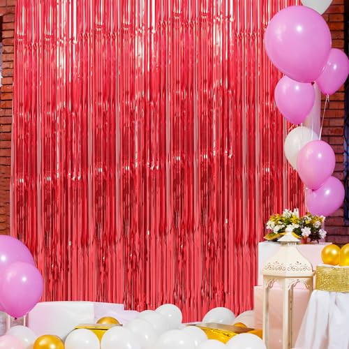 Image of Crosize 2 Pack 3.3 x 9.9 ft Red Foil Fringe Curtains Party Decorations, Red Tinsel Curtain Backdrop for Valentine's Day Parties, Door Streamers, Glitter Streamer Fringe Backdrop for Birthday