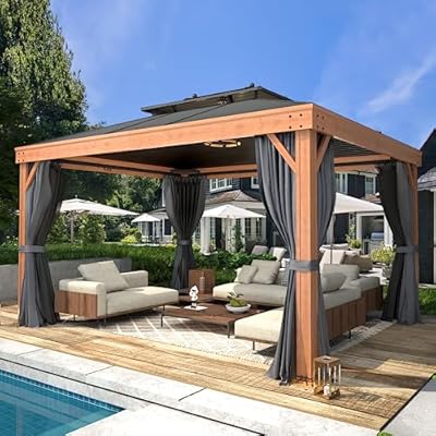 YOLENY 10' x 13' Hardtop Gazebo Metal Gazebo with Faux Wood Grain Aluminum Frame, Galvanized Steel Double Roof, Outdoor Patio Gazebo Pergolas with Netting and Curtains for Backyard, Patio, Lawns
