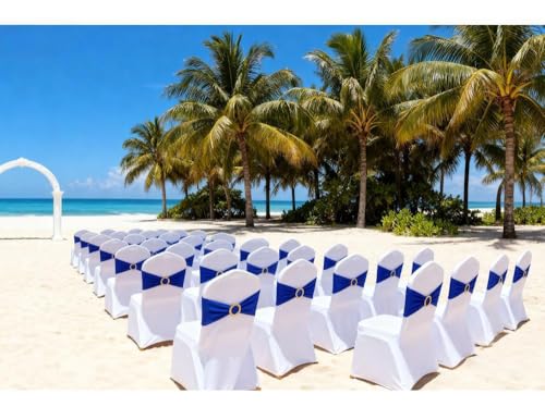 Image of Royal Blue Chair Sashes 50 Pack, Spandex Blue Chair Bows with Gold Buckle for Wedding Decoration, Stretch Blue Chairs Bands for Party Banquet Gender Reveal Decor