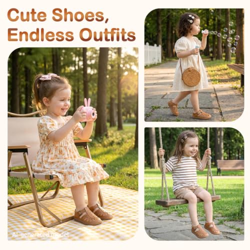 WIDE TOE BOX Toddler Girl Sandals, Wide Mary Jane Barefoot Shoes with Petal Cut-outs, Vegan Leather School Uniform Dress Shoes, Comfy Summer Flats Light Brown Toddler Size 9 — view 4