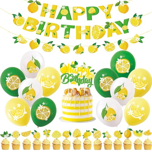 Kit de décoration de fête d'anniversaire à thème citron - Guirlande de décoration d'anniversaire avec motif citron - Bannière « Happy Birthday » -...