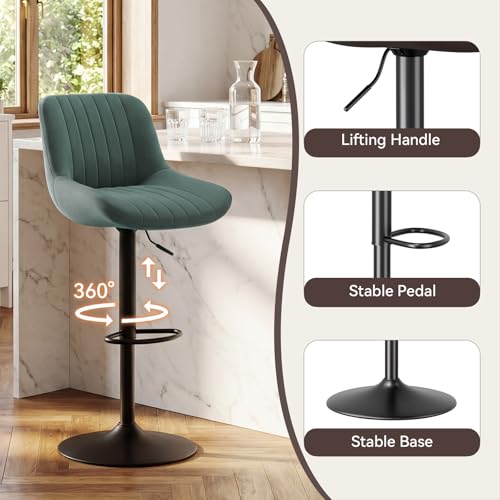 Image of Nalupatio Bar Stools Set of 2, Adjustable Modern Swivel Bar Stools with Backs, Counter Height Performance Fabric Island Chairs for Home Kitchen, Dark Green