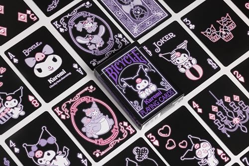 Image of Bicycle Kuromi Sanrio Playing Cards Black Pink Purple 1 Deck Kawaii | Kuromi and Baku on court cards, Neon pink and purple on black backgrounds, Cheeky design with skulls, Made in USA