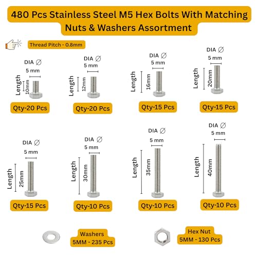 Image of Metric M5 Stainless Alloy Steel 202 Grade Full Threaded Hex Bolts Nuts and Washer Assortment Kit Set with Storage Box Pack of 480 Pcs